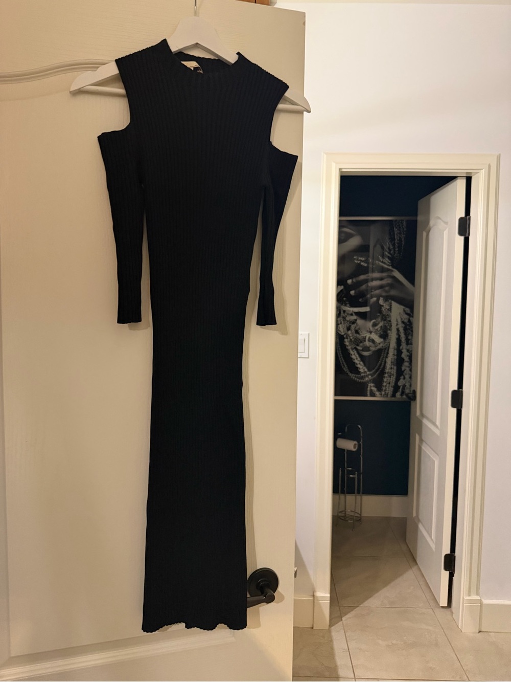 Maje Black Ribbed Cold-Shoulder Long Sleeve Maxi Dress